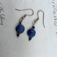 Lapis Lazuli Bead Drop Earrings Silver Beads Blue Disc Boho Dangle Small - 3