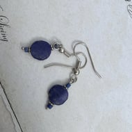 Lapis Lazuli Bead Drop Earrings Silver Beads Blue Disc Boho Dangle Small - 2