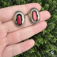 Silver Plated Red Stone Earrings Oval Shadowbox Southwestern Boho