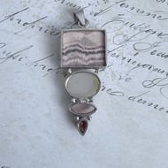 Sterling Silver Rhodochrosite Druzy Rose Quartz Garnet Pendant Multi Stone Boho - 4