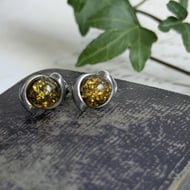 Vintage Green Amber Stud Earrings Sterling Silver Round Cabochon Swirl Frame Studs