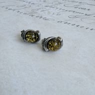 Vintage Green Amber Stud Earrings Sterling Silver Round Cabochon Swirl Frame Studs - 3
