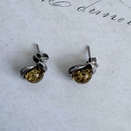 Vintage Green Amber Stud Earrings Sterling Silver Round Cabochon Swirl Frame Studs - 4