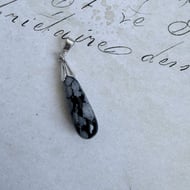Snowflake Obsidian Pendant Sterling Silver Teardrop Drop Black Grey Boho Gothic - 3