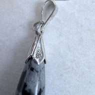 Snowflake Obsidian Pendant Sterling Silver Teardrop Drop Black Grey Boho Gothic - 4