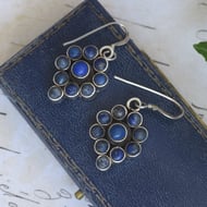 Lapis Lazuli Flower Cluster Drop Earrings Sterling Silver Boho Ethnic Tribal Dangle