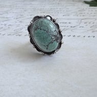 Sterling Silver Green Turquoise Ring Southwestern Style Oval Statement Cocktail - 6