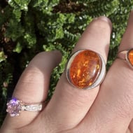 Silver Amber Ring Large Oval Cabochon Cognac Statement Cocktail Boho Chunky - 3