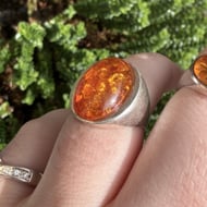 Silver Amber Ring Large Oval Cabochon Cognac Statement Cocktail Boho Chunky - 2