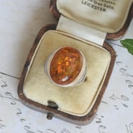 Silver Amber Ring Large Oval Cabochon Cognac Statement Cocktail Boho Chunky