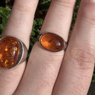Amber Ring Sterling Silver Oval Cabochon East West Chunky Band Cognac Boho