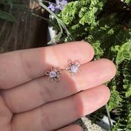 Lilac CZ Flower Stud Earrings Silver Daisy Open Wire Studs Purple Small Floral