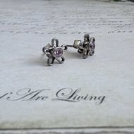 Lilac CZ Flower Stud Earrings Silver Daisy Open Wire Studs Purple Small Floral - 2