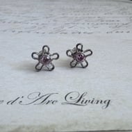 Lilac CZ Flower Stud Earrings Silver Daisy Open Wire Studs Purple Small Floral - 4