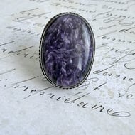 Sterling Silver Charoite Ring Large Purple Oval Cabochon Statement Boho  - 5