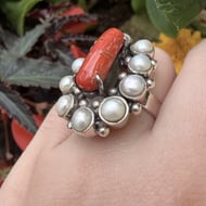 Sterling Silver Coral Pearl Cluster Ring Red Branch Coral Statement Cocktail - 3