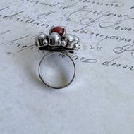 Sterling Silver Coral Pearl Cluster Ring Red Branch Coral Statement Cocktail - 8