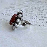 Sterling Silver Coral Pearl Cluster Ring Red Branch Coral Statement Cocktail - 9