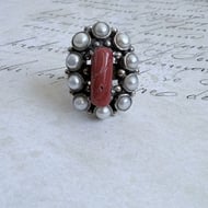 Sterling Silver Coral Pearl Cluster Ring Red Branch Coral Statement Cocktail - 5