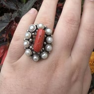 Sterling Silver Coral Pearl Cluster Ring Red Branch Coral Statement Cocktail - 4