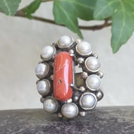 Sterling Silver Coral Pearl Cluster Ring Red Branch Coral Statement Cocktail