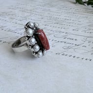 Sterling Silver Coral Pearl Cluster Ring Red Branch Coral Statement Cocktail - 7