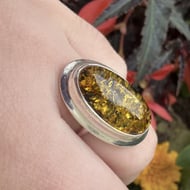Sterling Silver Green Amber Ring Large Oval Cabochon Statement Cocktail Boho - 3