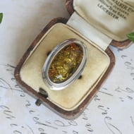 Sterling Silver Green Amber Ring Large Oval Cabochon Statement Cocktail Boho