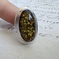 Sterling Silver Green Amber Ring Large Oval Cabochon Statement Cocktail Boho - 4