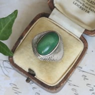 Silver Green Stone Signet Ring, Oval Cabochon Engraved Chunky Statement