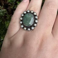 Sterling Silver Green Stone Pearl Halo Ring Oval Cluster Statement Cocktail - 2