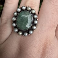 Sterling Silver Green Stone Pearl Halo Ring Oval Cluster Statement Cocktail - 3
