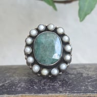 Sterling Silver Green Stone Pearl Halo Ring Oval Cluster Statement Cocktail