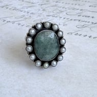 Sterling Silver Green Stone Pearl Halo Ring Oval Cluster Statement Cocktail - 4