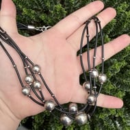 Vintage Sterling Silver Ball Bead Necklace Black Leather Multi Strand Toggle Modernist Chunky - 2