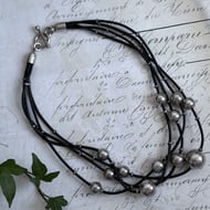 Vintage Sterling Silver Ball Bead Necklace Black Leather Multi Strand Toggle Modernist Chunky