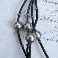 Vintage Sterling Silver Ball Bead Necklace Black Leather Multi Strand Toggle Modernist Chunky - 4