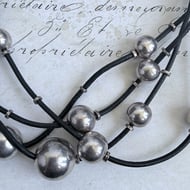 Vintage Sterling Silver Ball Bead Necklace Black Leather Multi Strand Toggle Modernist Chunky - 7