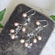 Pink Pearl Quartz Drop Earrings Sterling Silver Chandelier Cluster Bridal Boho