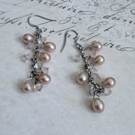 Pink Pearl Quartz Drop Earrings Sterling Silver Chandelier Cluster Bridal Boho - 3