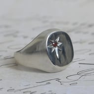 Vintage Sterling Silver Garnet Star Set Signet Ring Red Stone Chunky Unisex - 5