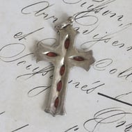 Sterling Silver Garnet Marcasite Cross Pendant Gothic Marquise Red Ornate Large - 5