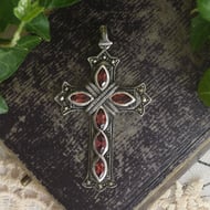 Sterling Silver Garnet Marcasite Cross Pendant Gothic Marquise Red Ornate Large
