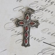 Sterling Silver Garnet Marcasite Cross Pendant Gothic Marquise Red Ornate Large - 3