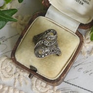 Vintage Silver Marcasite Ring Navette Shield Scroll Openwork Statement