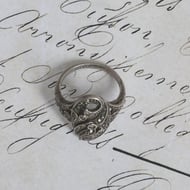 Vintage Silver Marcasite Ring Navette Shield Scroll Openwork Statement - 5