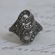 Vintage Silver Marcasite Ring Navette Shield Scroll Openwork Statement - 6