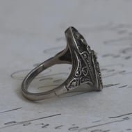 Vintage Silver Marcasite Ring Navette Shield Scroll Openwork Statement - 7