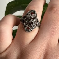 Vintage Silver Marcasite Ring Navette Shield Scroll Openwork Statement - 3