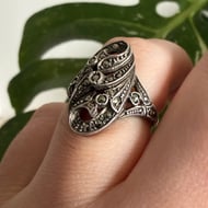 Vintage Silver Marcasite Ring Navette Shield Scroll Openwork Statement - 4